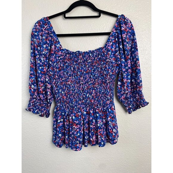 Draper James Floral Smocked babydoll top Blouse Womens sz XS Purple square neck - Picture 2 of 10